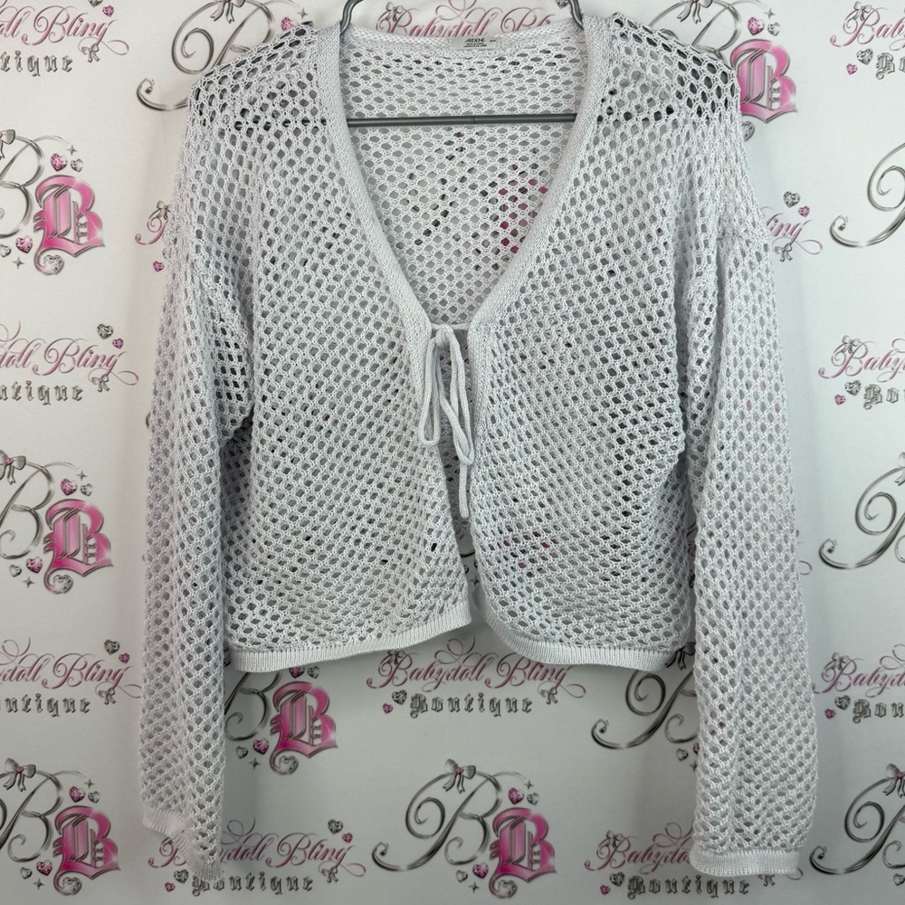 Ardene tie up shirt knit White Open Knit Cropped Tie-Front Sweater